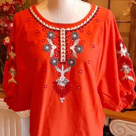 Embroidered Floral Elasticized Dolman Sleeve BOHO Peasant Blouse Size Medium - Picture 7 of 11